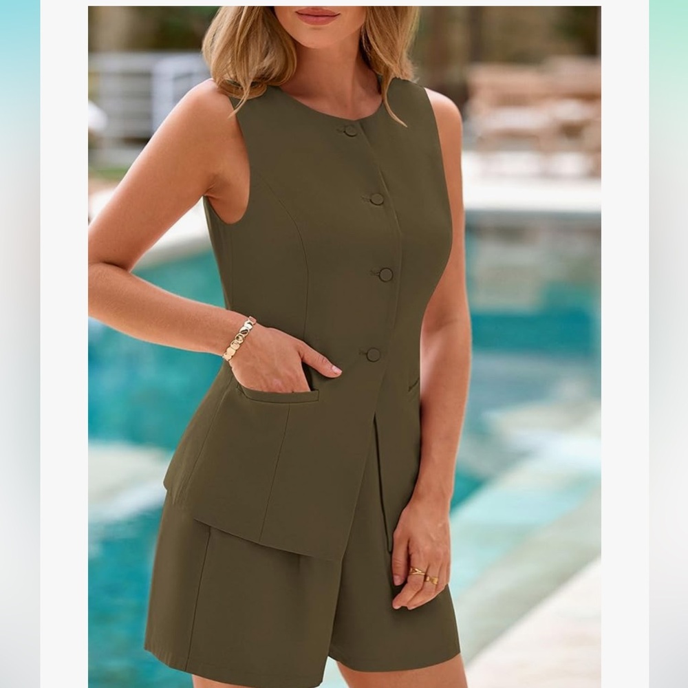 Prettygarden Olive Green Women's Short vest set